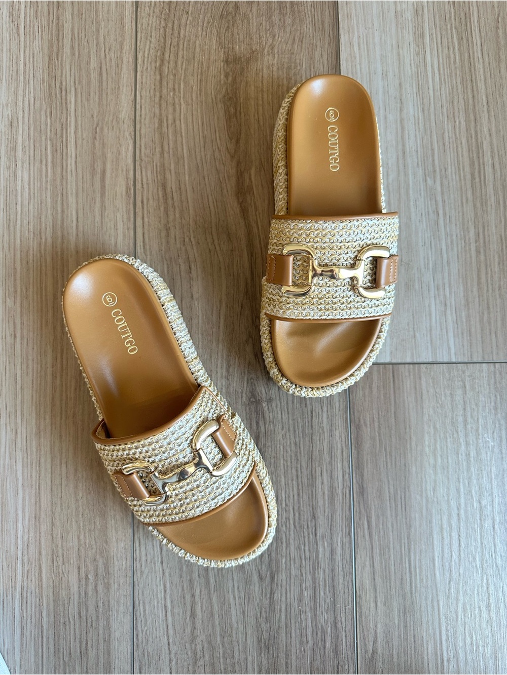 Brand New Coutgo Tan Woven Platform Slide Mules with Gold Chain Accent